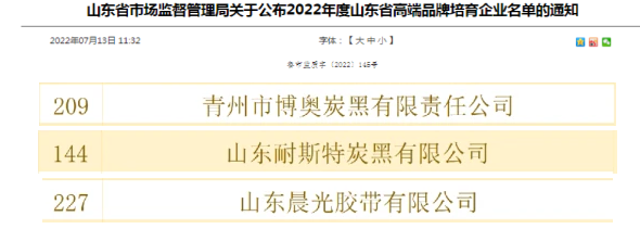 晨光胶带、博奥炭黑、耐斯特入选山东省高端品牌培育企业名单